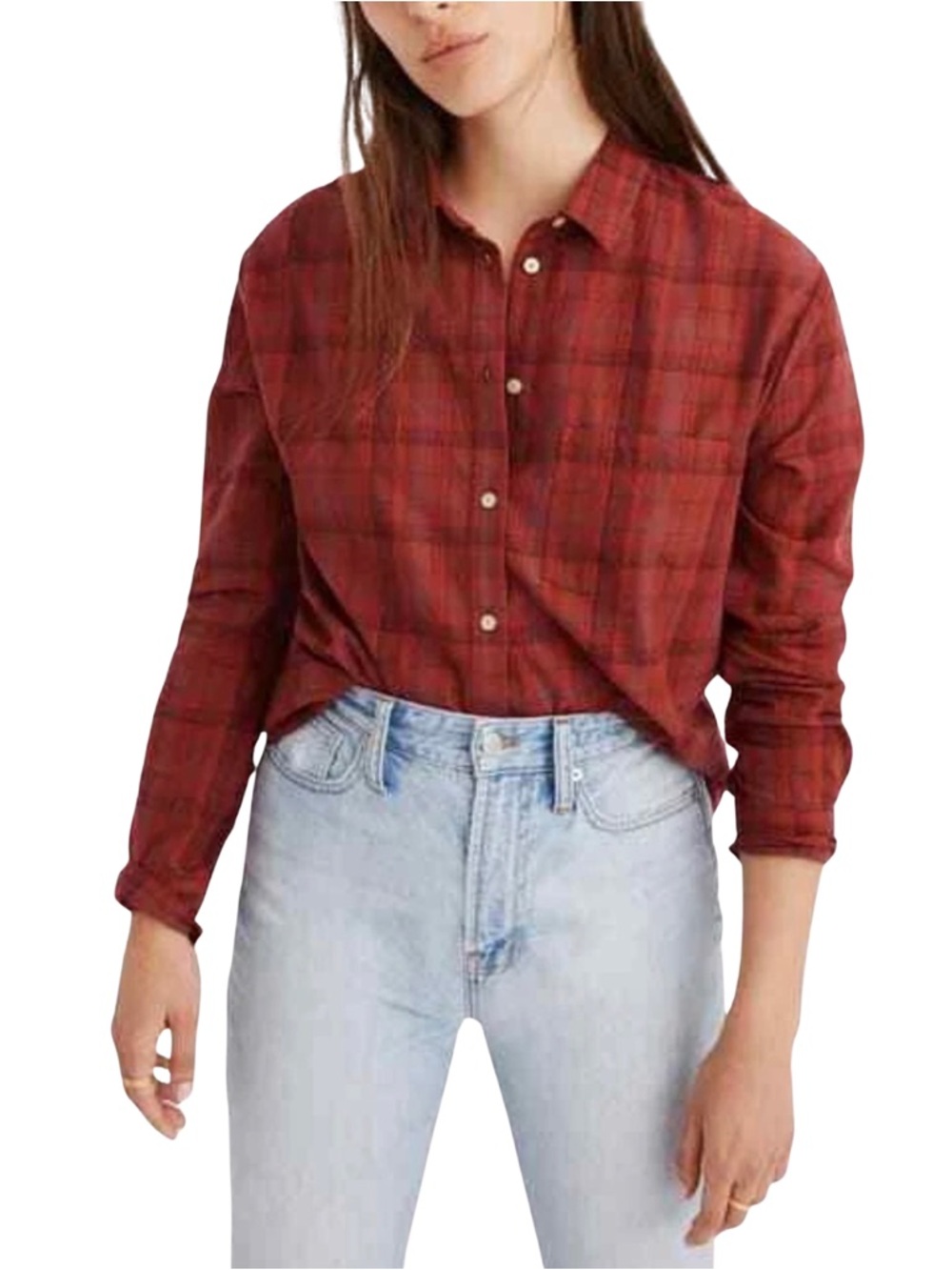 MINT Madewell Plaid Oversized Ex-Boyfriend Shirt - Red - Sz L - Picture 2 of 13